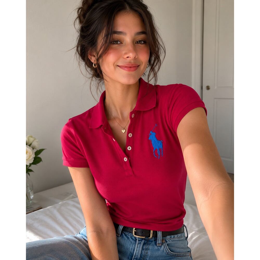 Ralph Lauren Skinny Polo Shirt Womens XS Pink Big Pony Cotton Short Sleeve